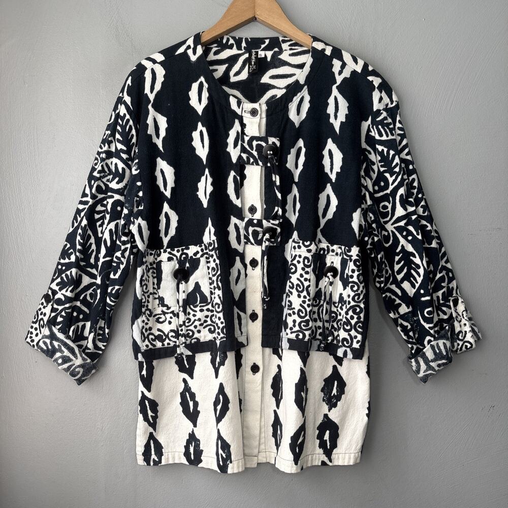 Winter Sun Top Size Small Blue White Artsy Flannel Art to Wear Button Up Pocket